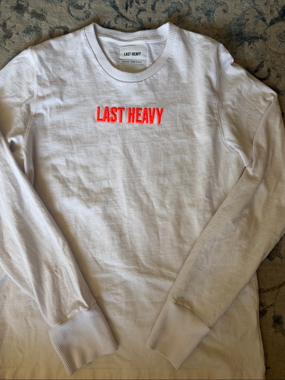 White Crewneck Sweatshirt with Neon Red Logo made in USA